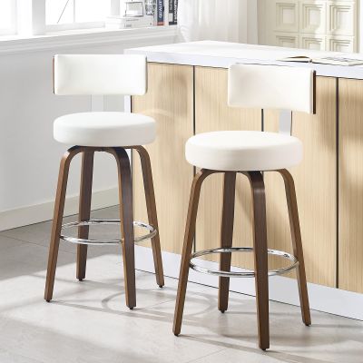 Bekrvio Swivel Bar Height Bar Stools Set of 2, Faux Leather Kitchen Stools Upholstered Barstools with Back, Walnut Wood Legs, Tall Bar Stools for Kitchen Island, 29 inch Seat Height, White