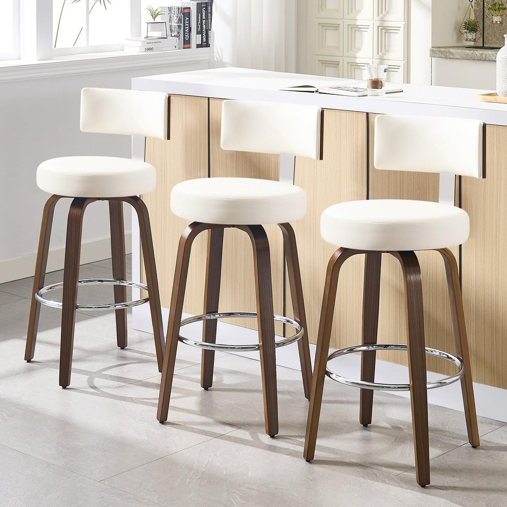 Bekrvio Swivel Bar Height Bar Stools Set of 3, Faux Leather Kitchen Stools Upholstered Barstools with Back, Walnut Wood Legs, Tall Bar Stools for Kitchen Island, 29 inch Seat Height, White