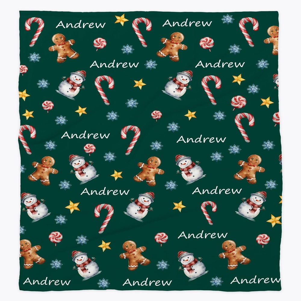 springcos Christmas Gingerbread Throw Blanket Custom Name Blanket Green Holiday Christmas Fleece Blanket
