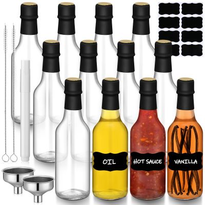 Reallnaive 12 Pack 8.5 oz Hot Sauce Bottle Clear Glass with Black Cap and Orifice Reducer Empty Homemade Vanilla Bottles with Shrink Capsules Bands, Funnel, Labels, Clean Brush and Chalk Marker Set