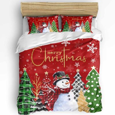 Christmas Snowman Bedding Queen Duvet Cover Set 3 Pieces, Holiday Microfiber Soft Comforter Quilt Cover with Red Checkered Tree Snowflake Xmas Decorative Throw Pillow Cover Cases for All Seasons