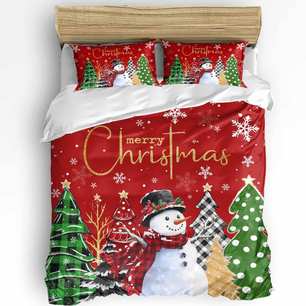 Christmas Snowman Bedding Queen Duvet Cover Set 3 Pieces, Holiday Microfiber Soft Comforter Quilt Cover with Red Checkered Tree Snowflake Xmas Decorative Throw Pillow Cover Cases for All Seasons