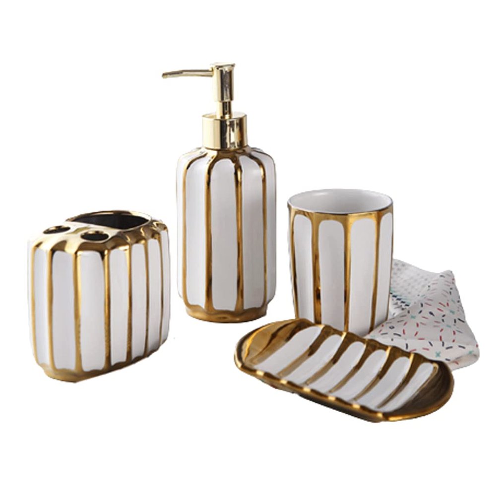 RUJHGL Farmhouse Ceramic Soap Dispenser Bathroom Accessory Set Decor Soap Dispenser & Tumbler Bamboo Wood Tray Bath Countertop Vanity Organize Pump Bottle
