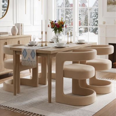 Upholstered Barrel Dining Chairs Set of 4, Modern Velvet Dining Room Chairs with Open Back & Sled Base, No Assembly Kitchen Arm Chairs Comfy Accent Makeup Vanity Chair for Living Room Bedroom, Khaki