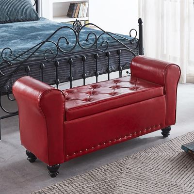 FAMEOYA Pu Leather Armed Storage Ottoman Bench,Contemparory Rolled Arm Storage Bench,Modern Tufted Bed Bench Entryway Shoe Bench,Wood Sofa Stool Footrest-Red 100x57x40cm(39x22x16inch)