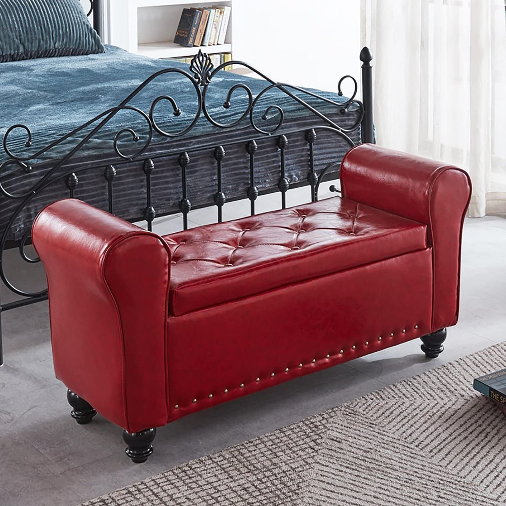 FAMEOYA Pu Leather Armed Storage Ottoman Bench,Contemparory Rolled Arm Storage Bench,Modern Tufted Bed Bench Entryway Shoe Bench,Wood Sofa Stool Footrest-Red 100x57x40cm(39x22x16inch)