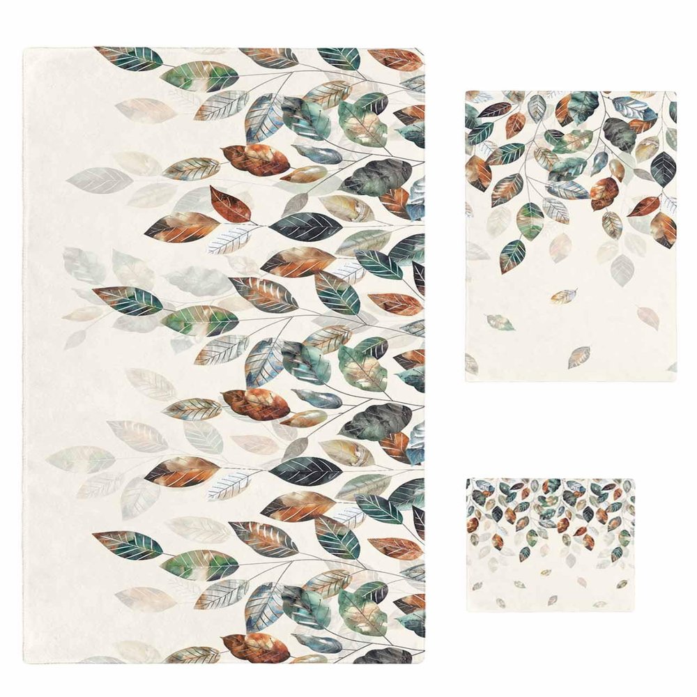 YOKOU 3 Piece Towel Set Thanksgiving Day Fall Leaves Plants Green Brown Beige Soft Absorbent Towels 1 Hand Towel 1 Wash Cloth 1 Bath Towel for Bathroom Gym