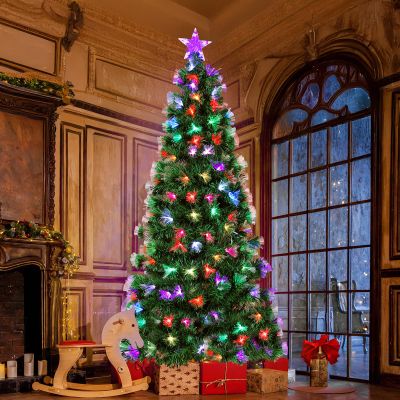 Arlopu 10ft Pre-Lit Christmas Tree, Fiber Optic Artificial Xmas Tree with Multicolor Lights, Top Star, Foldable Metal Base and 480 Branch Tips for Indoor Holiday Home Decoration