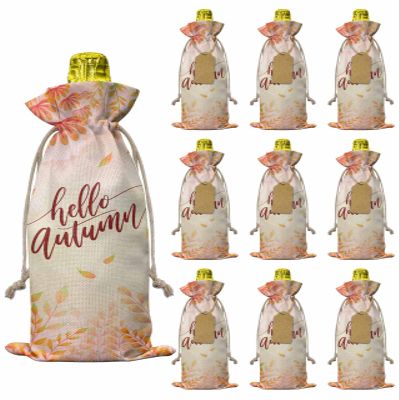 10 Piece Linen Wine Bags Fall Thanksgiving Day Leaves Plants Bushes Ombre Orange, Bottle Bags With Drawstrings Tags Reusable Wine Bottle Covers for Wedding Birthday Travel