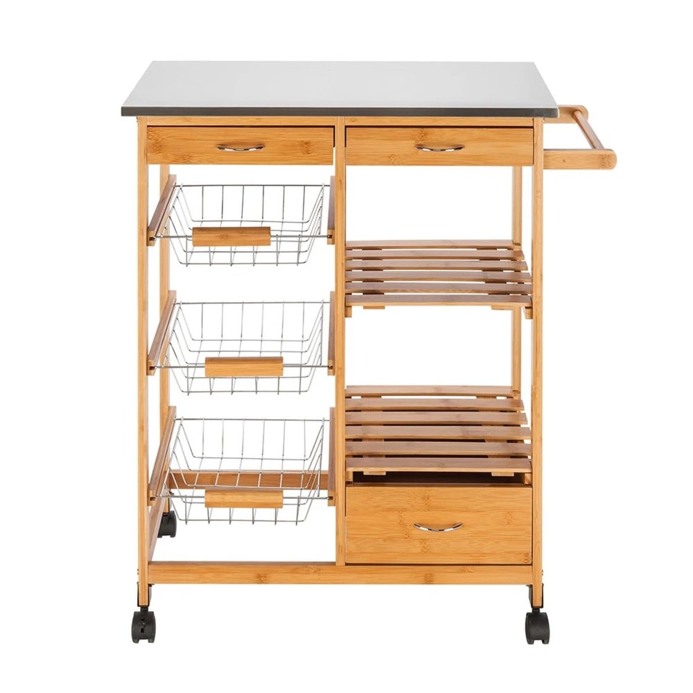 yanzhuen001 Kitchen Mobile Shelf, Moveable Kitchen Cart with Stainless Steel Table Top,Three Drawers & Three Basket,Kitchen Trolley Cart, Dining Kitchen Organizer,Cart