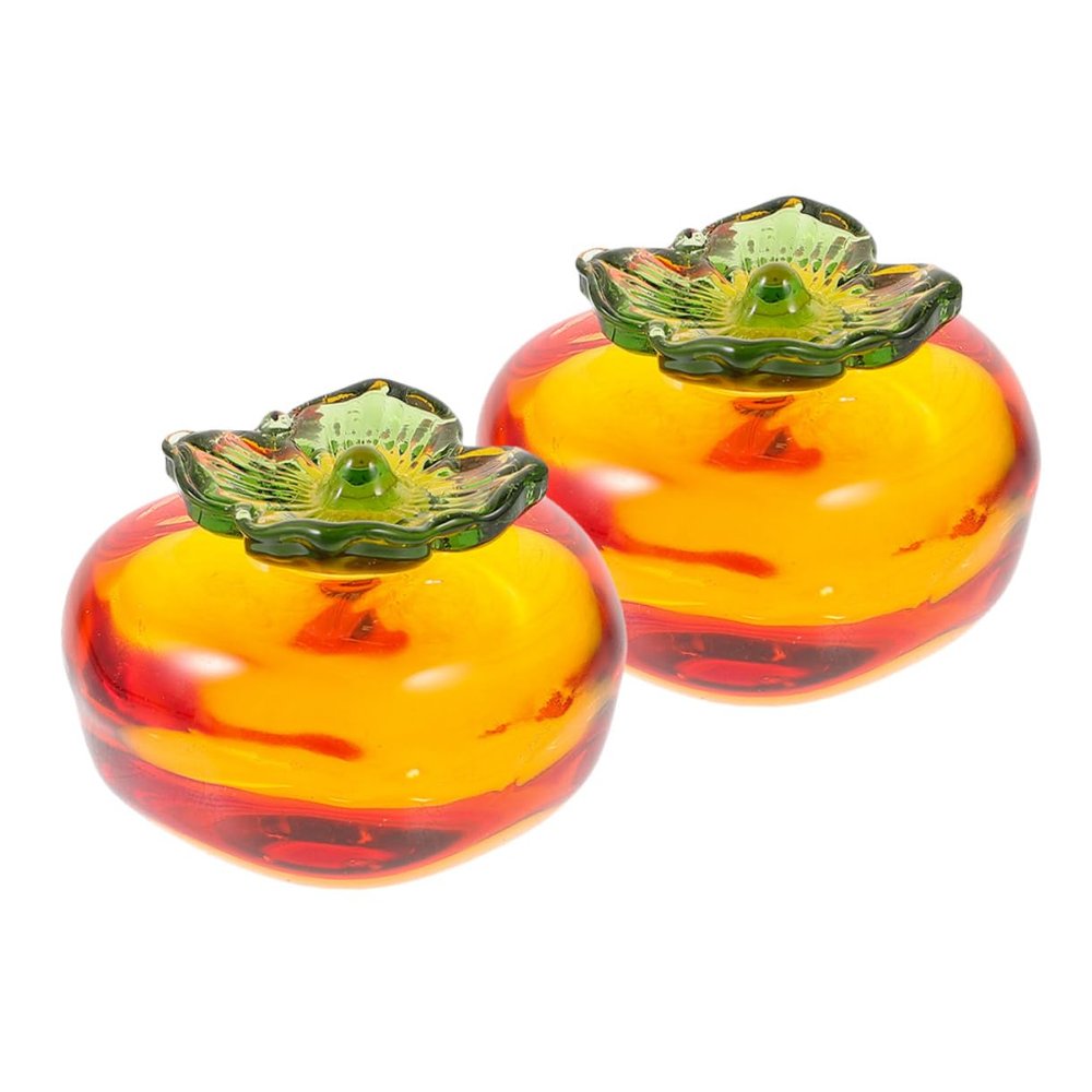 GARVALON 2pcs Glass Persimmon Figurine Decorative Craft for Home Car Office and Realistic Miniature Fruit Sculpture