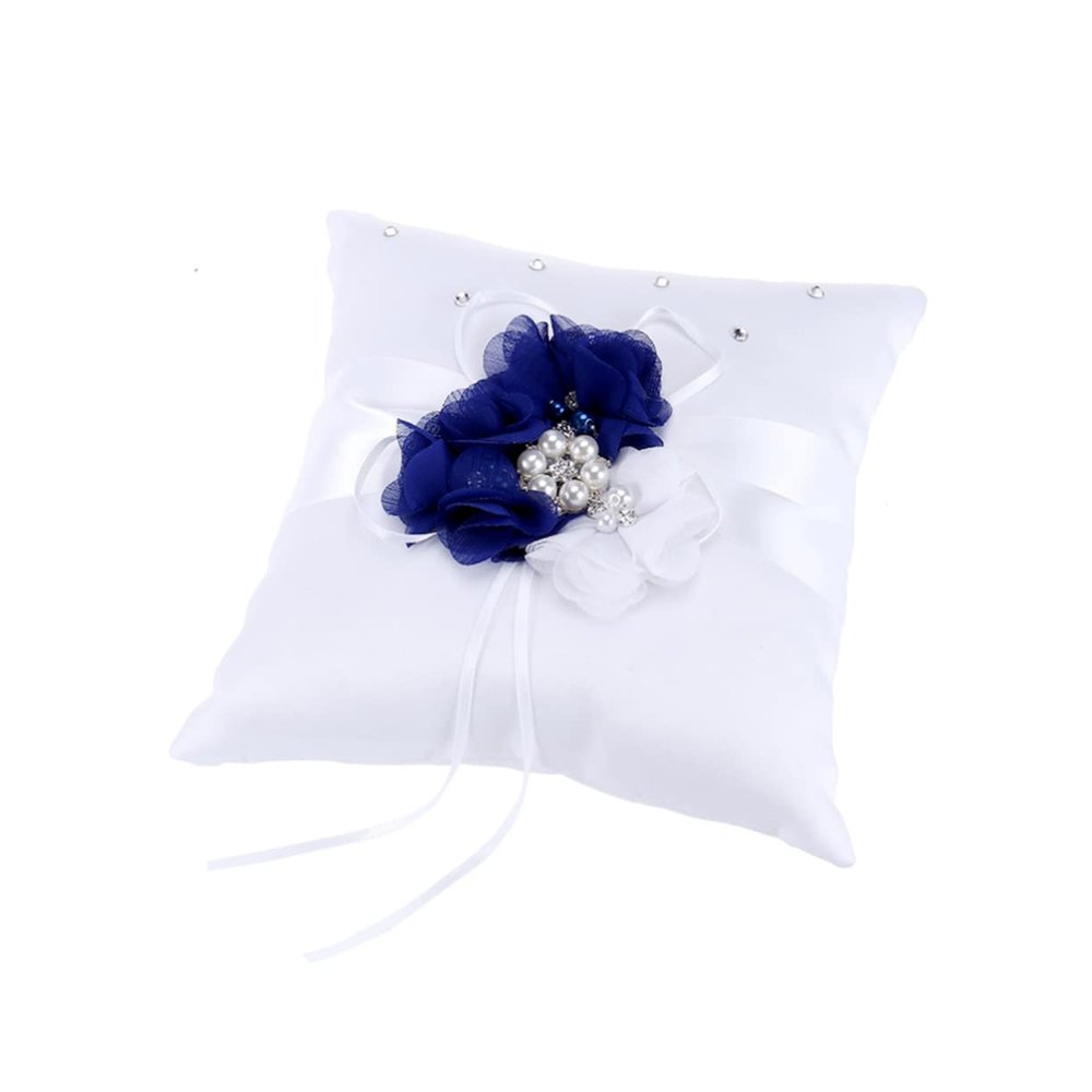 TINEASUR Floral Ring Pillow 20x20cm White Bridal Party Flower Cushion Pearls for Wedding Ring Bearer