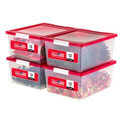IRIS USA 12 Qt. Plastic Storage Bins Containers with Lids, 4 Pack, Sensory Bin, Craft Storage, Craft Organizers and Storage, Organizing Container for Home, Office School Supplies, Stackable, Clear/Red