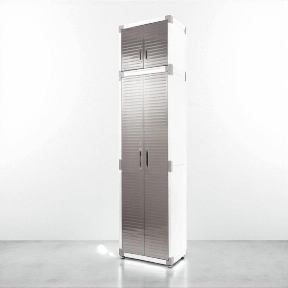 Heavey Duty Durable Lockable Stainless Steel 2 Piece Storage Cabinet Set, 4 Doors, Organizer for Garage, Office, Classroom, (White, 30" W x 18" D x 90.5" H)