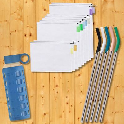 Purifyou Reusable Produce Bags S9 (XL, L, S), 14.5" Stainless Straws S5 with Silicone Tips for Stanley 40oz Tumbler, Glass Water Bottles 12oz with Volume & Times, Silicone Sleeve in Chinese Porcelain.
