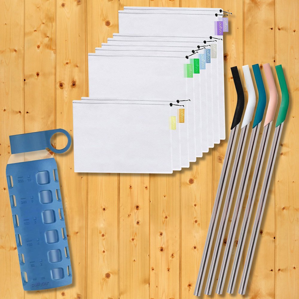 Purifyou Reusable Produce Bags S9 (XL, L, S), 14.5" Stainless Straws S5 with Silicone Tips for Stanley 40oz Tumbler, Glass Water Bottles 12oz with Volume & Times, Silicone Sleeve in Chinese Porcelain.