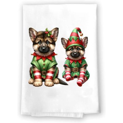 Adorable Christmas Elf Kitchen Hand Towel | German Shepherd | Pet Animal Lover Gifts