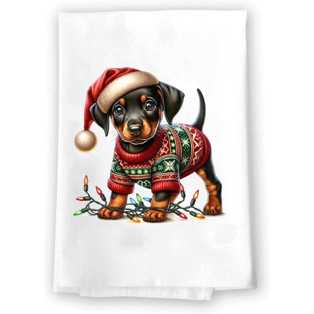 Adorable Christmas Sweater Kitchen Hand Towel | Dobermanpinscher | Pet Animal Lover Gifts