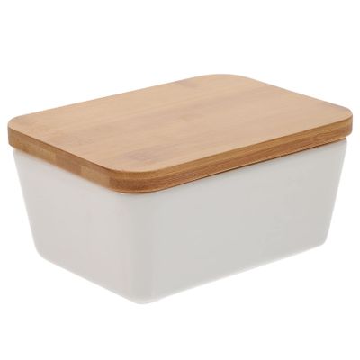 BEBEMOKO 1pc Porcelain Butter Box Wooden Lid Elegant Ceramic Butter Keeper for Kitchen and Dining for Home Restaurant Use