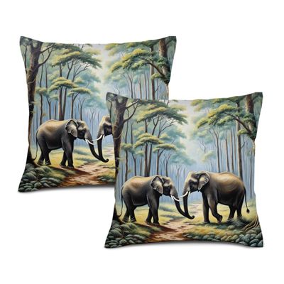 Art and Beyond Set of 2 Decorative Linen Throw Pillow Covers A Loving Grey Elephant Couple a Safari Jungle Animal Design Accent Cushion Cases for Couch & Home Decor