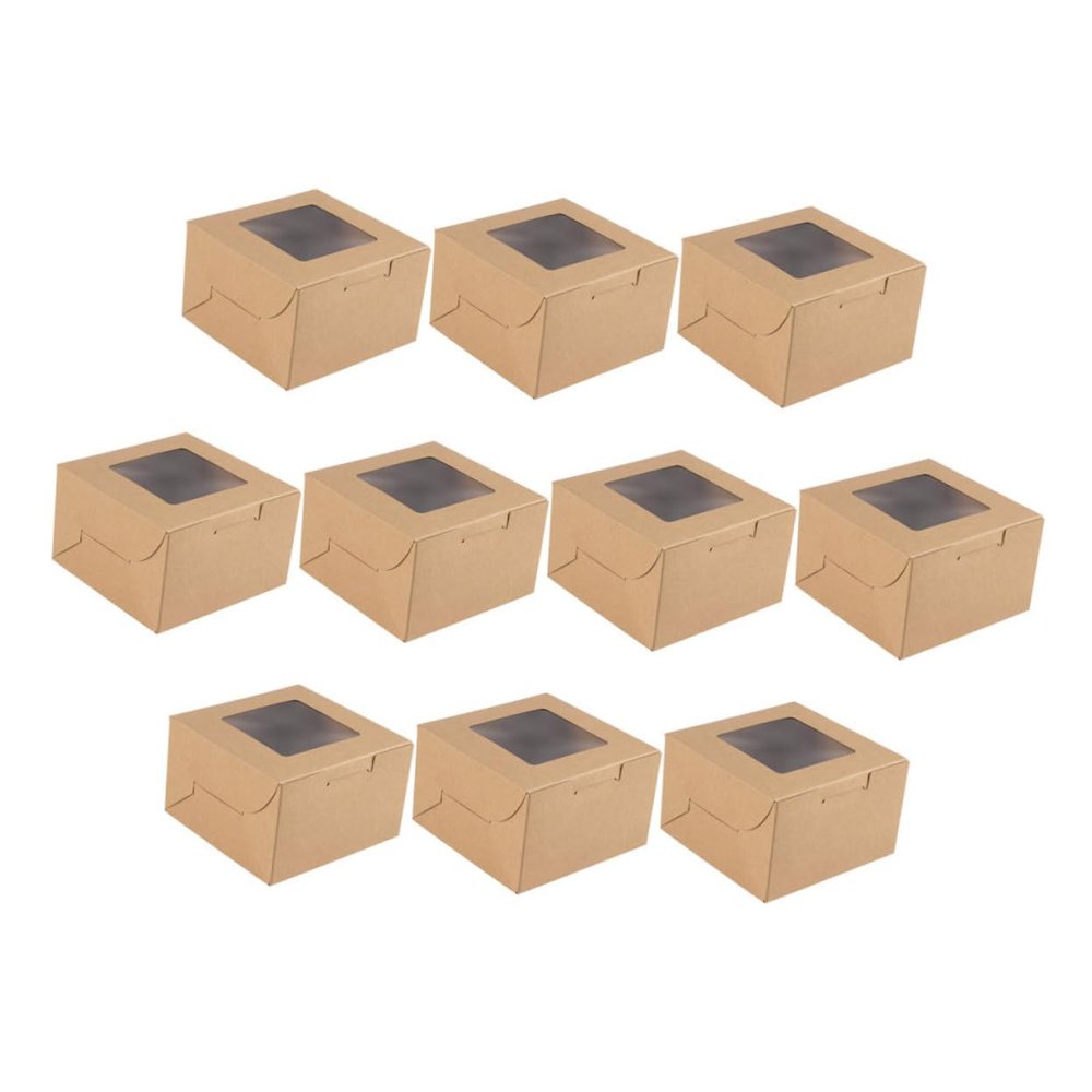 GARVALON 10pcs Kraft Paper Cake Boxes with Window Portable Cookie Packaging for Desserts Baked Goods and Pastries for Parties and Events