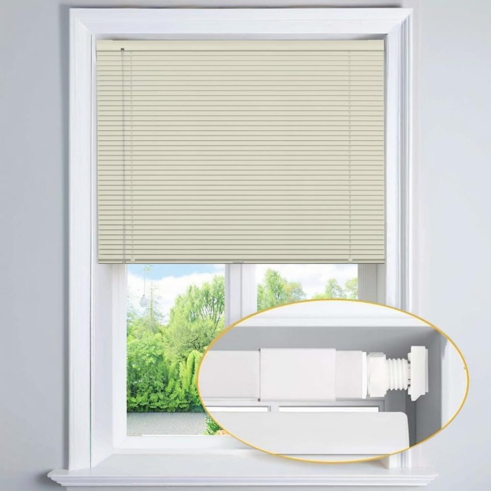 Tension Blinds no Drilling No Tools-No Drill Aluminum Mini Blinds no Drill Blinds for Indoor Windows no Drill Cordless Blinds Easy to Install and Maintain.Beige.26Wx(12" H to 98" H Customizeize)