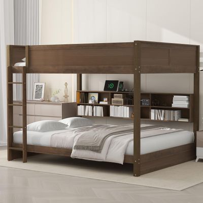 Queen Over Queen Bunk Bed with Built-in Shelves and Safety Guardrail, Wood Queen Storage Bunk Beds Frame with USB Ports for Kids Boys Girls Bedroom, No Box Spring Needed (Antique Wood Color-241)