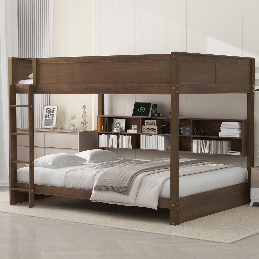 Queen Over Queen Bunk Bed with Built-in Shelves and Safety Guardrail, Wood Queen Storage Bunk Beds Frame with USB Ports for Kids Boys Girls Bedroom, No Box Spring Needed (Antique Wood Color-241)