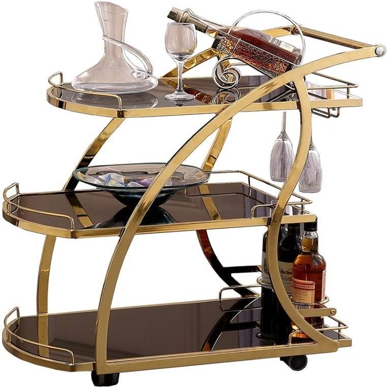 KEPIUAAF Bar Cart, Home Bar Hotel Serving Cart Wine Cart - 3 Tier Serving Trolley Serving Cart Trolley Universal Castors with Brakes Kitchen Cart Sturdy Rolling Cart for Home, KitchenLiving Room
