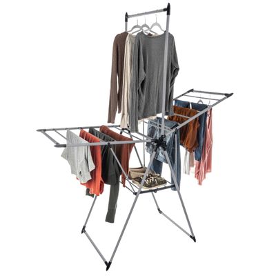 Clothes Drying Rack - 2-Level Laundry Drying Rack with 24 Drying Rails, Hanging Bar, and 2 Height-Adjustable Wings - Indoor/Outdoor Foldable Drying Rack by Home-Complete (Platinum)
