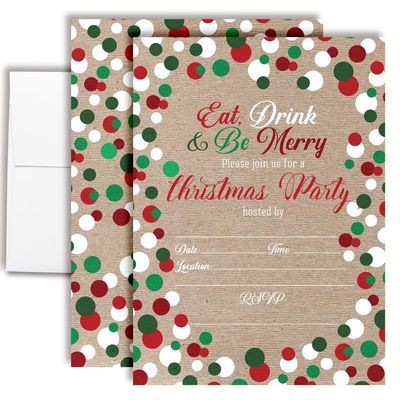 Amanda Creation Christmas Invitations with Envelopes  Eat Drink & Be Merry Kraft Polka Dot, 4 Pack 5x7 Double Sided Fill-In Invite Cards with Four White Envelopes Perfect for Holiday Parties