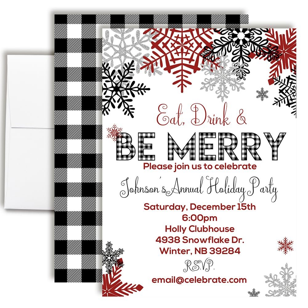 Personalized Eat Drink & Be Merry Snowflake Christmas Invitations Custom Holiday Invite Cards 20 Pack 5x7 Dinner Party Cards With Envelopes - Unique Customized Snowflake Theme for the Holidays