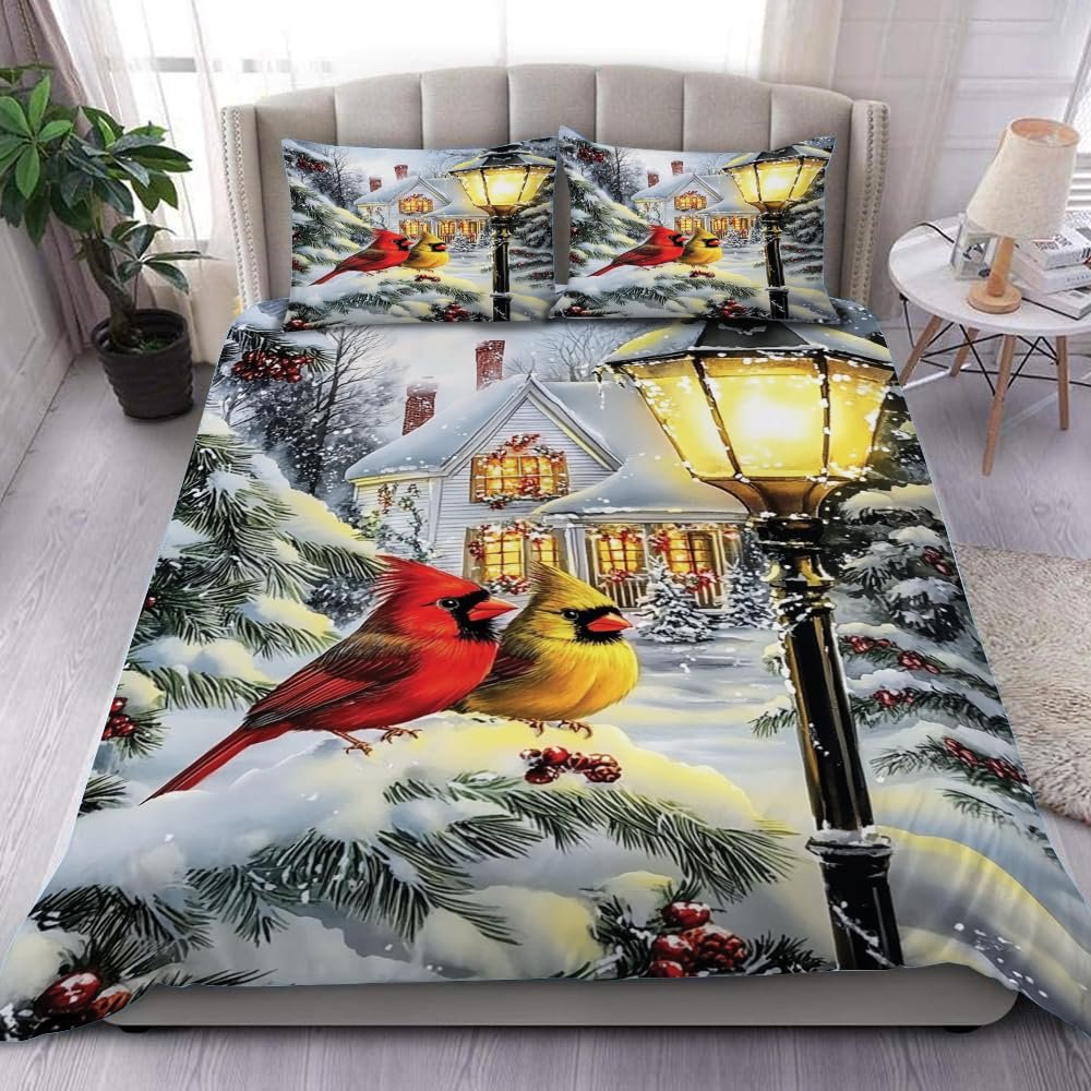 Cardinal Couple Bedding Set - Twin, Full, Queen, King - Red Cardinal Blanket - Ultra Soft, Lightweight, All Season - Microfiber - Xmas Bedroom Decor