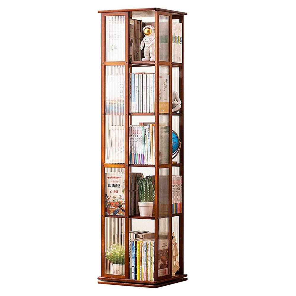 LIUSJMGH 360 Display Stackable Spinning Bookshelf Tower, Corner Bookshelf Tall Floor Standing Swivel Bookcase Narrow Storage Organizer(5-Tier)