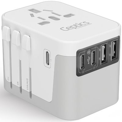 Ceptics 6 in 1 Universal Travel Adapter, Universal Outlet w/ 2X USB-A and 3X USB-C 6A, Travel Power Adapter for use in EU, UK, US, AU and More, Universal Plug for Mobiles, Laptops- UP-30KU-WH
