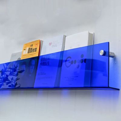 Hanging Bookshelf Magazine Rack Floating Acrylic Bookshelf 40 60 80 100 120 cm Wide Transparent Brochure Holder, for Magazine/Literature/File/Newspaper Display(Blue,W 40cm/15.7in)