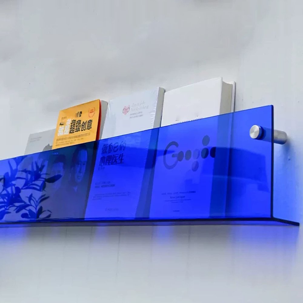 Hanging Bookshelf Magazine Rack Floating Acrylic Bookshelf 40 60 80 100 120 cm Wide Transparent Brochure Holder, for Magazine/Literature/File/Newspaper Display(Blue,W 40cm/15.7in)