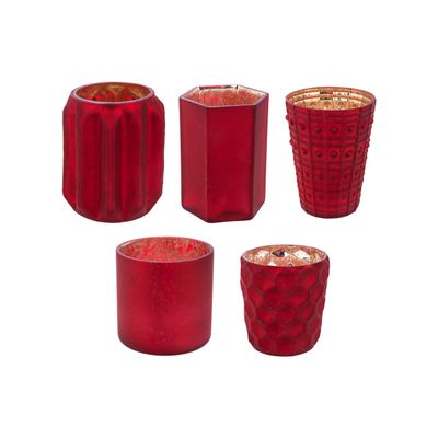 GANZ Cranberry Red Textured and Distressed 4 x 3 Glass Votive Candle Holders, Set of 5