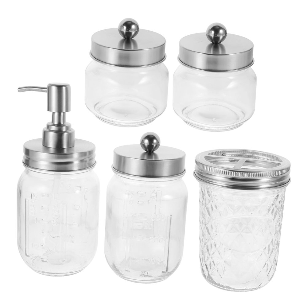 RORPOIR Essential Bathroom Items Mason Jar Soap Dispenser Toothbrush Holder Lotion Pump Shampoo Bottles Cotton Swab Container
