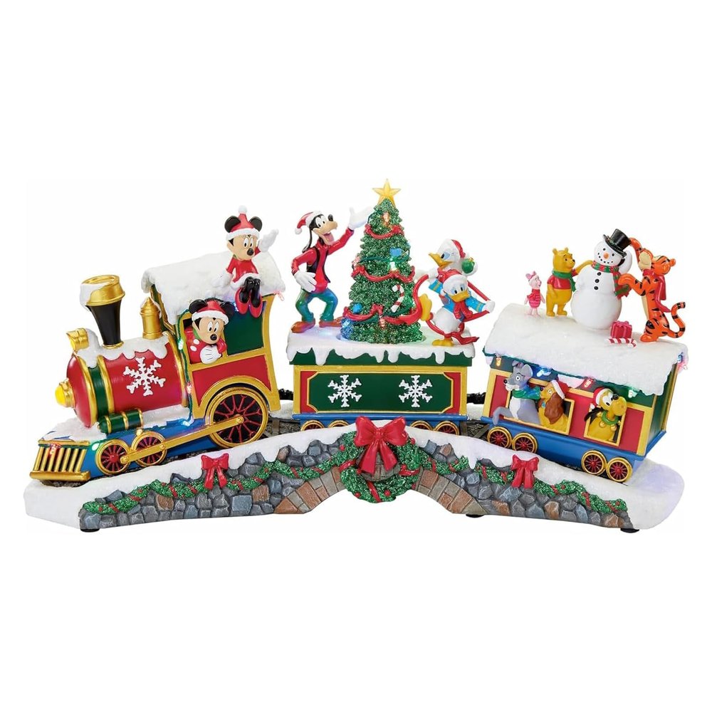 MOMENTS IN TIME Disney Characters Christmas Train Christmas Village Animated LED Train with Music Volume Control Handcrafted Holiday Centerpiece with Plug-in Adapter