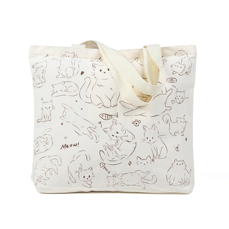XTKELLY Aesthetic Canvas Tote Bag for Women. Stylish, Heavy-Duty Reusable Tote with Zipper Closure & Inner Pocket (Cats and fish)