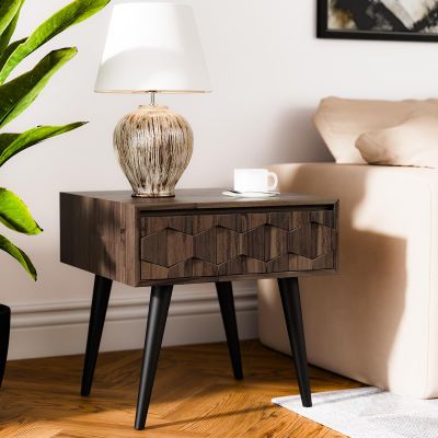 Bme Georgina Solid Wood Mid-Century Modern Side Table with Drawer  Fully Assembled Bedside Table with Rustic Geometric Pattern for Living Room or Bedroom - Mocha