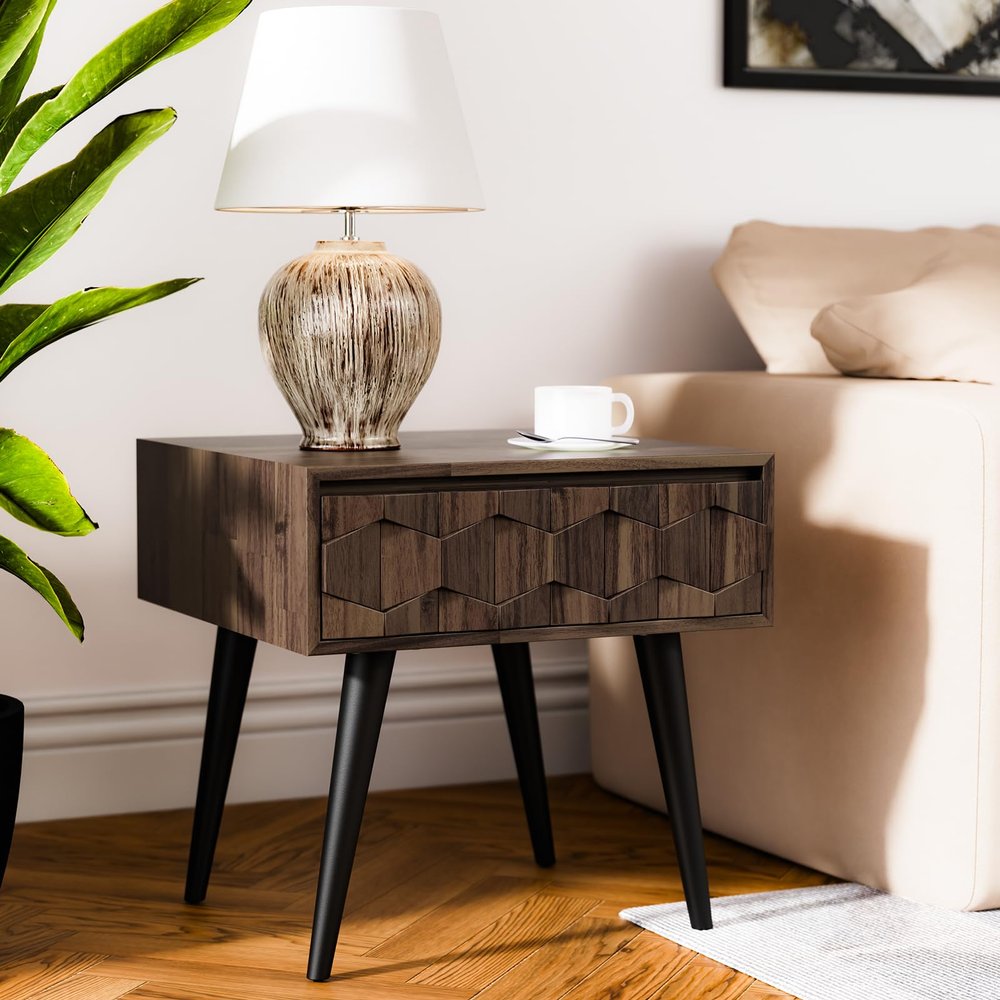 Bme Georgina Solid Wood Mid-Century Modern Side Table with Drawer  Fully Assembled Bedside Table with Rustic Geometric Pattern for Living Room or Bedroom - Mocha