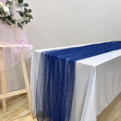 Pearl Gauze Table Runner Wedding Tablecloth Pearl Table Runner Table Runner Wedding Veil Beaded Pearl Lace Fabrics Table Decorations Soft Tulle Tablecloth (Navy,30*71")