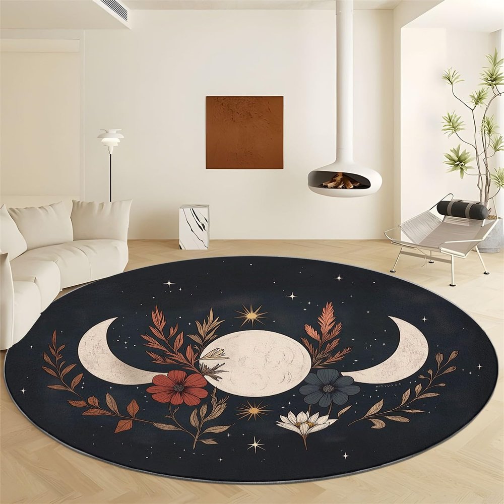 3' x 3' Round Rug, Simple Design Plant Moon Washable Non-Slip Rugs, Moon Flowers Print Low Pile Carpet, Circular Decorate Rugs for Living Room Bedroom Dining Room Kitchen Indoor