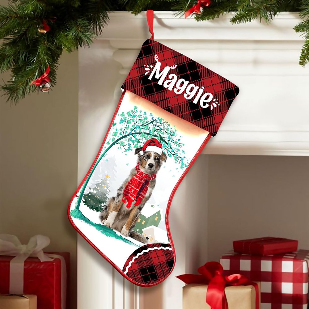 Famitrendz Personalized Australian Shepherd Hold Red Heart Stockings, Merry Woofmas Stockings, Custom Dog Christmas Stocking, Christmas Stockings for Pet Lover, Funny Gifts for Dog Mom Dogs Dad