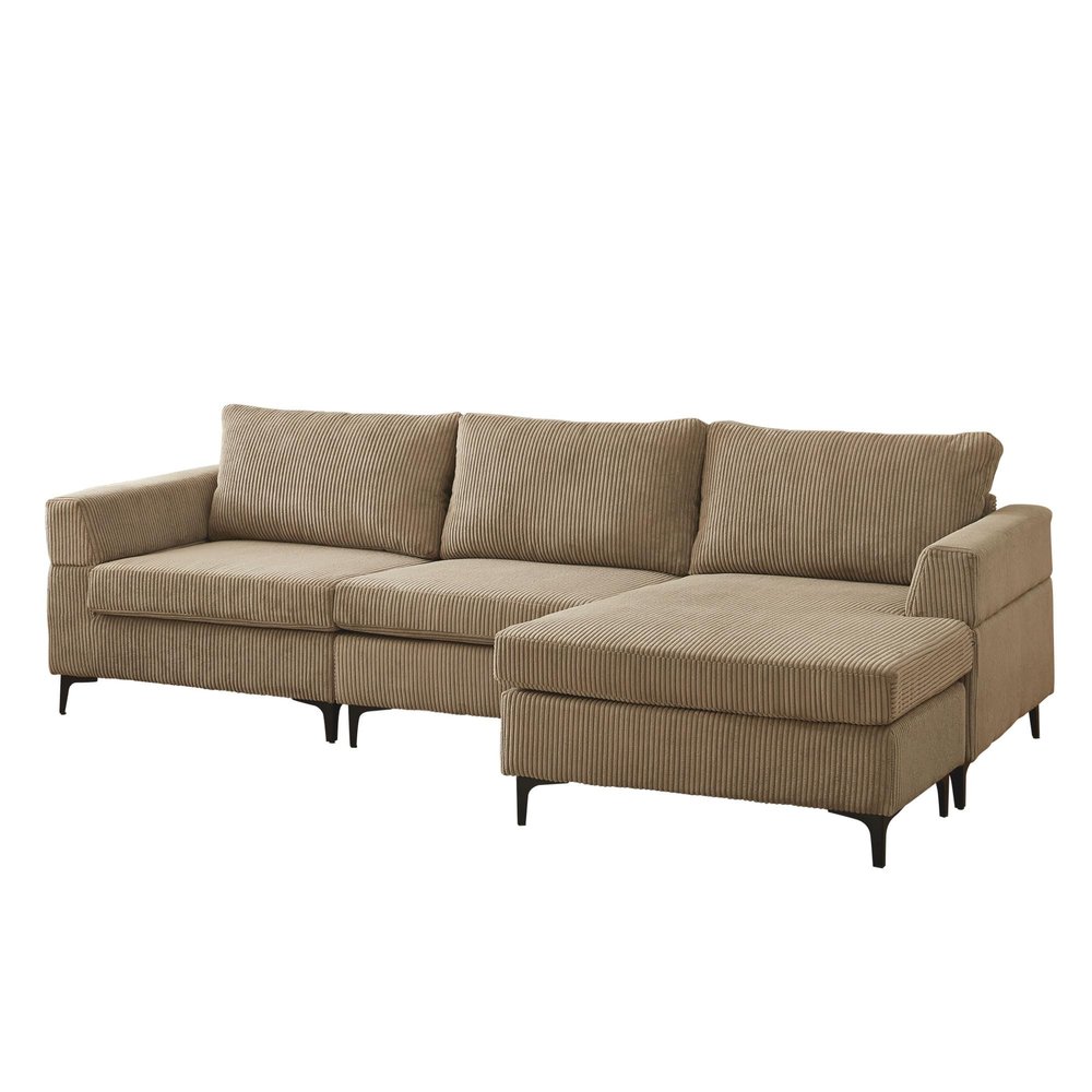 HOOOWOOO 96-Inch L Shaped Corduroy Fabric Sectional Sofa with Reversible Chaise, Mid-Century Modern Design Couch, 3-Seater Sofa Couch with Sturdy Metal Legs for Living Room or Large Spaces (Camel)