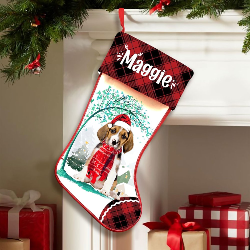 Famitrendz Personalized Beagle 2 Hold Red Heart Stockings, Merry Woofmas Stockings, Custom Dog Christmas Stocking with Name, Christmas Stockings for Pet Lover, Funny Gifts for Dog Mom Dogs Dad