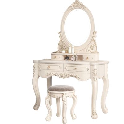 AoForce Vanity Mirror with Lights Vanity Mirror Table Set Solid Wood and MDF Material White Makeup Vanity Upholstered Chair Vintage Bedroom Vanity for Women and Girls(80 * 47 * 147CM)