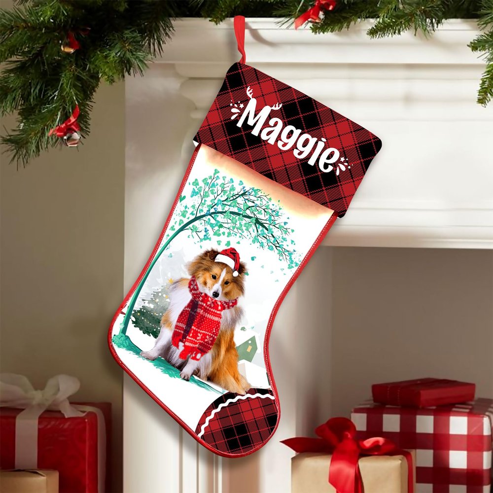 Famitrendz Personalized Shetland Sheepdog Hold Red Heart Stockings, Merry Woofmas Stockings, Custom Dog Christmas Stocking, Christmas Stockings for Pet Lover, Funny Gifts for Dog Mom Dogs Dad